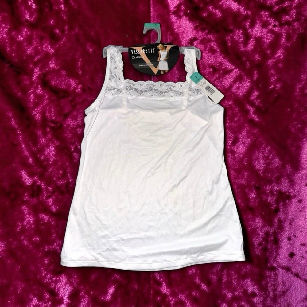 NWT Vassarette White Lace Trim Microfiber Camisole Top sz S Square Neck Coquette